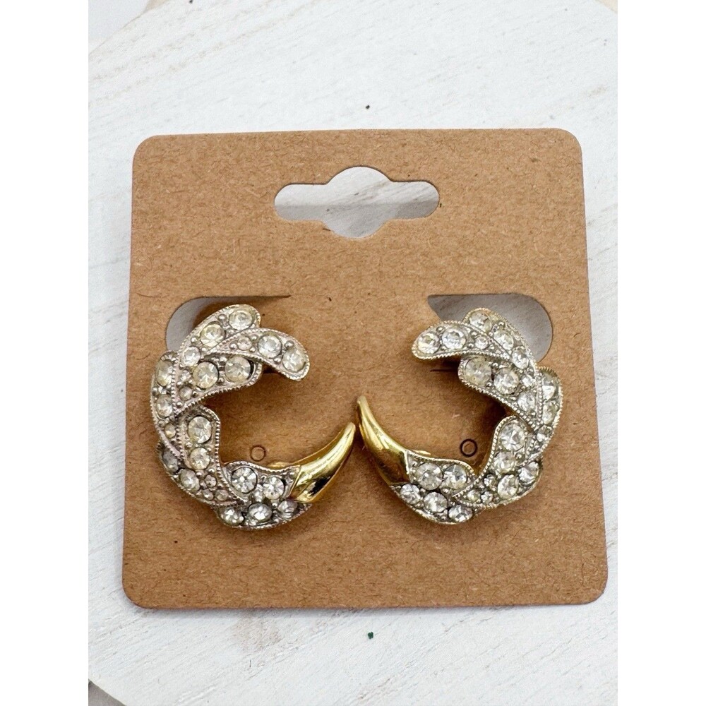 Trifari Rhinestone Glam Crescent Moon Swirl Earrings Clip On Retro Old Money